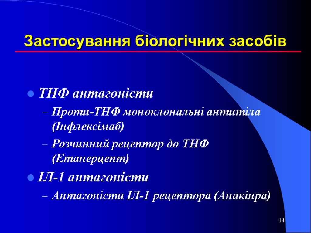 14 Застосування біологічних засобів ТНФ антагоністи Проти-ТНФ моноклональні антитіла (Інфлексімаб) Розчинний рецептор до ТНФ